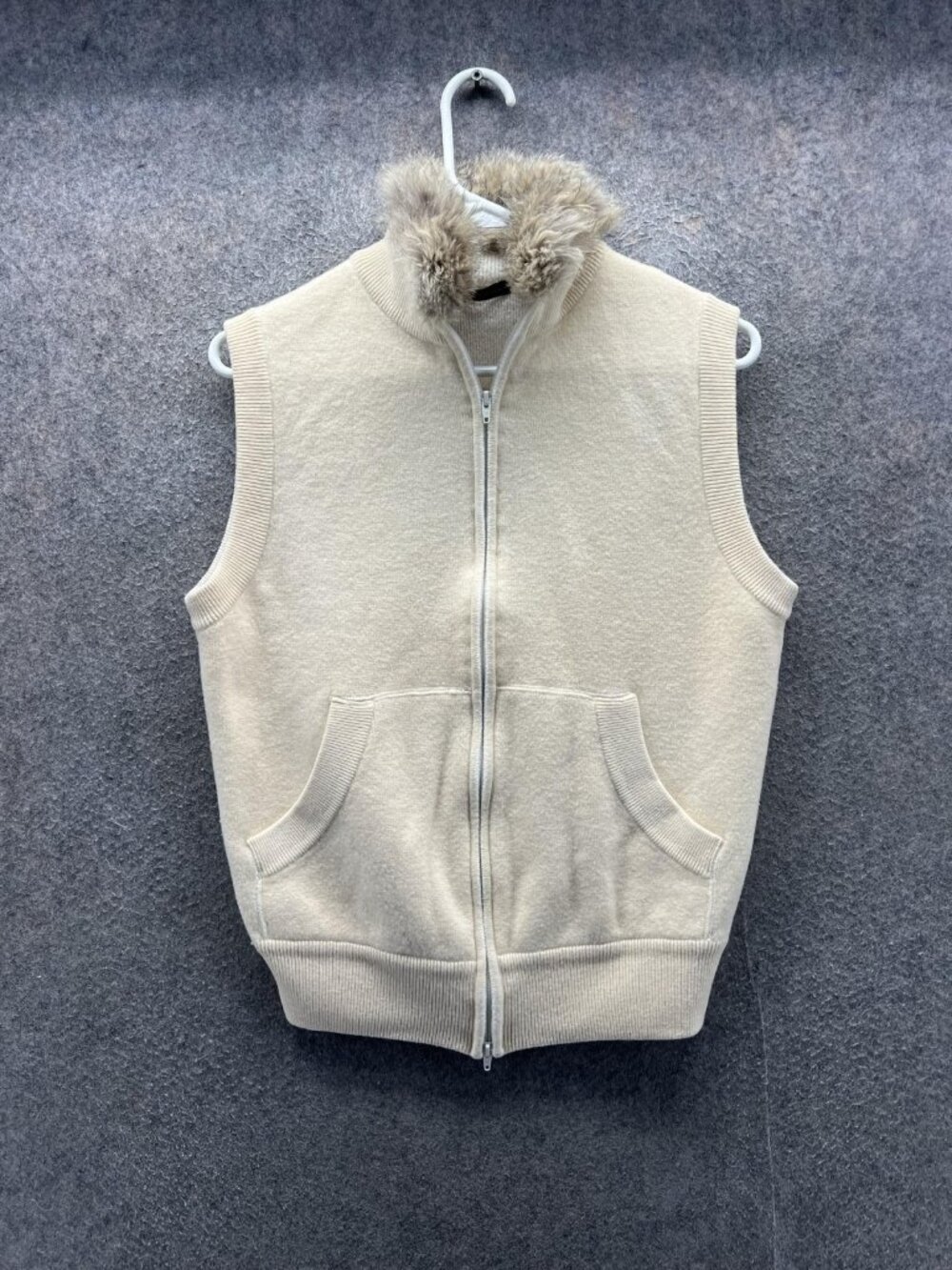 Luciano Barbera Sweater Men Medium Cream Full Zip Fur Collar Knit Vest Wool